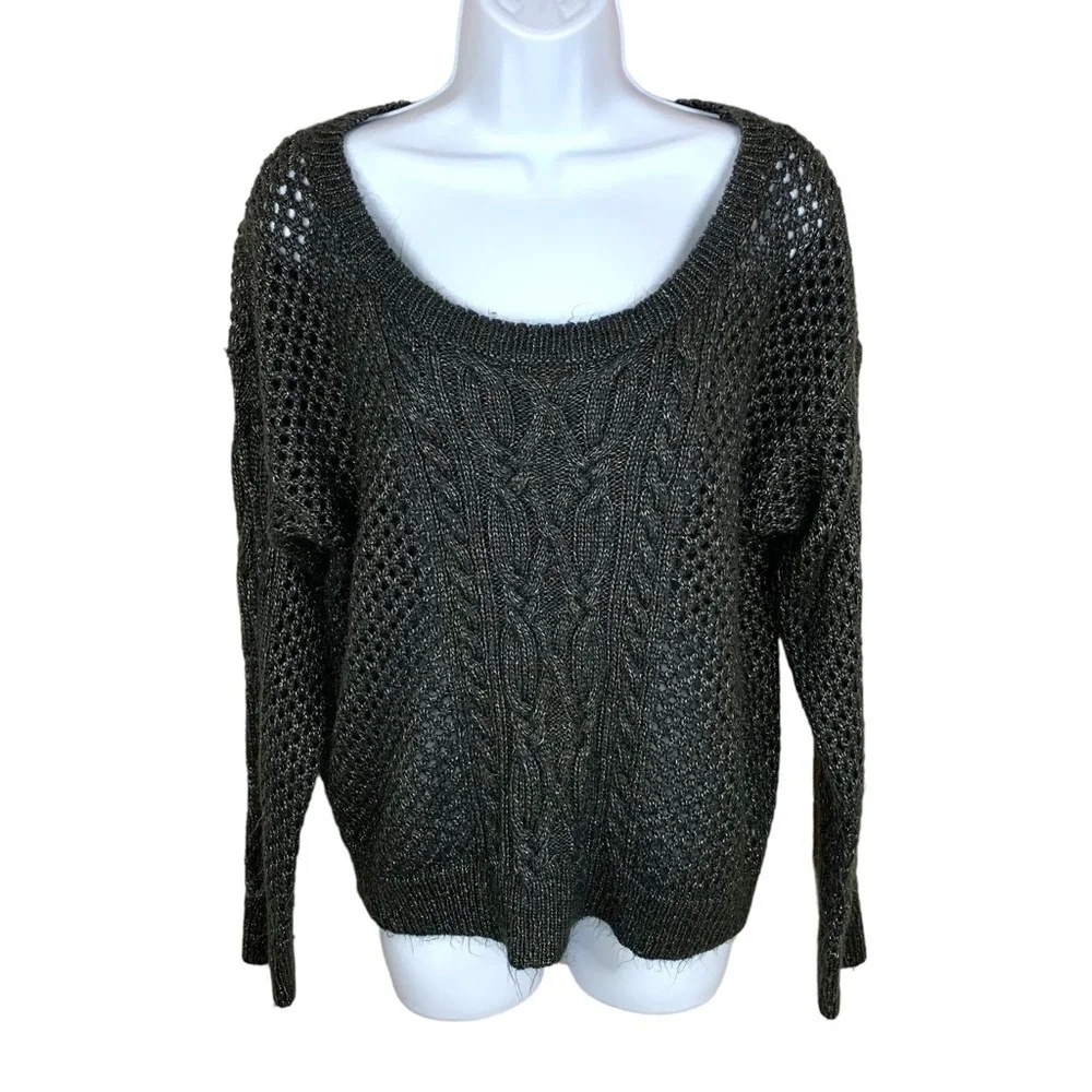 Apt 9 Black Silver Open Knit Sweater Long Sleeve Scoop Neck Large